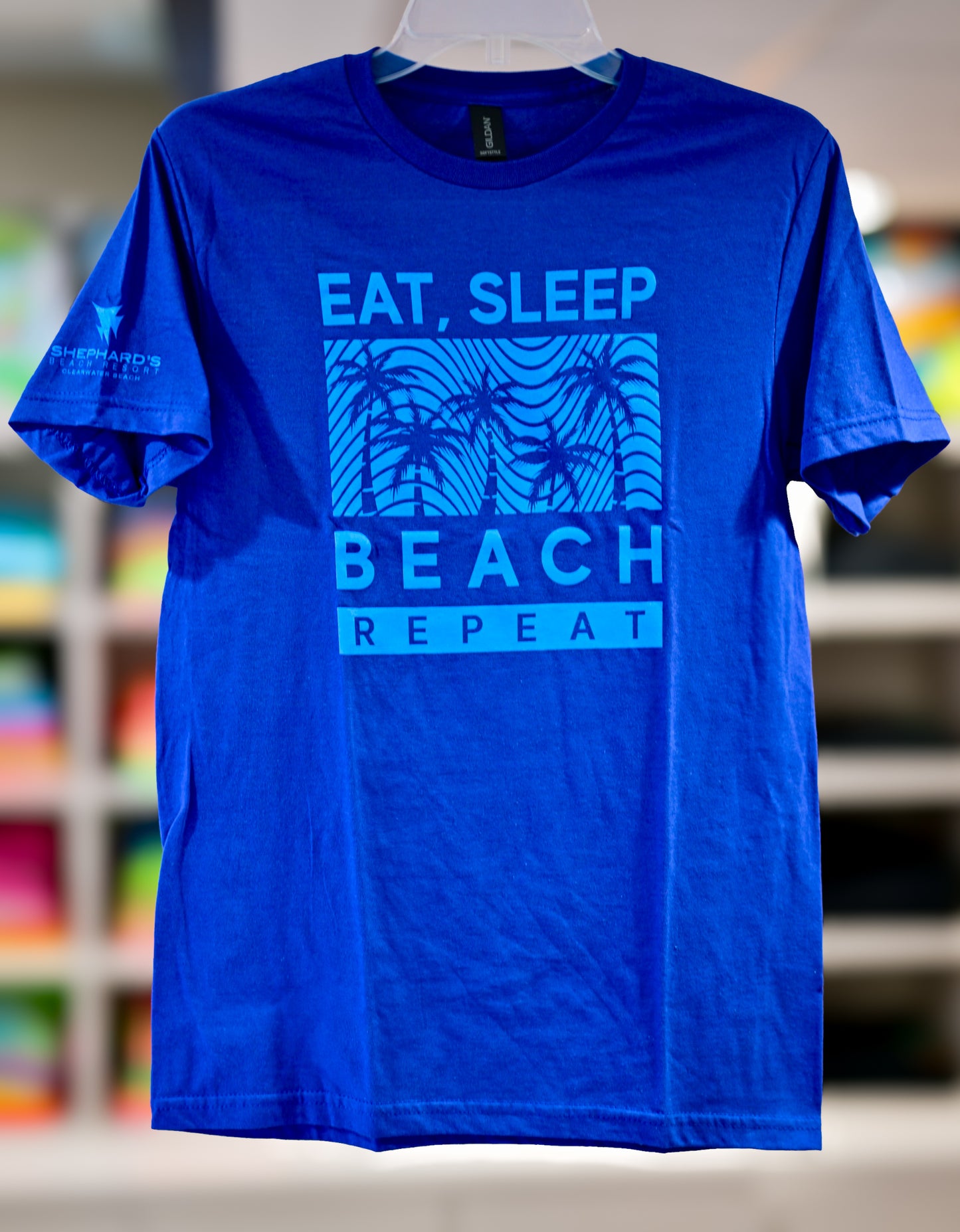 Eat, Sleep, Beach - Blue short sleeve t-shirt