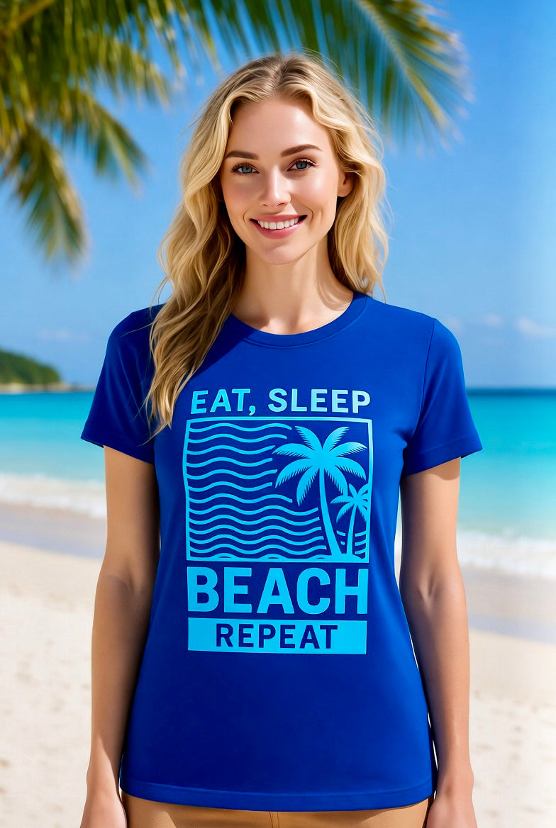 Eat, Sleep, Beach - Blue short sleeve t-shirt