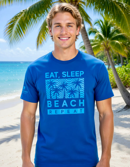 Eat, Sleep, Beach - Blue short sleeve t-shirt